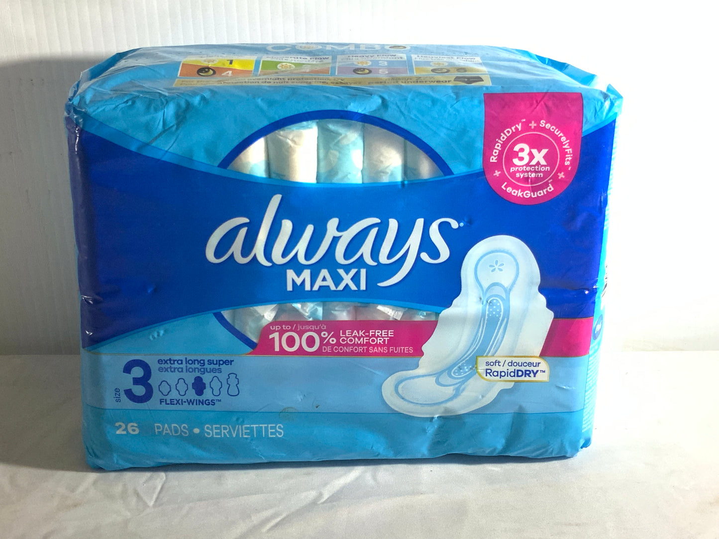 NEW Always Maxi Pads Size 3 Extra Long Super Absorbency Unscented with Wings, 26 Count