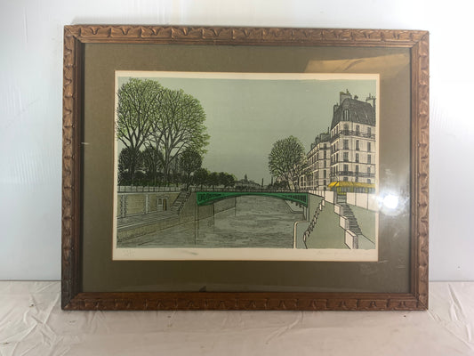 USED Original Art Lithograph Print River in City signed Denis Paul Noyer