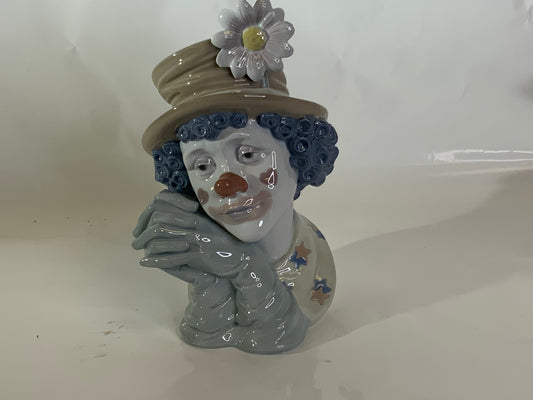 Lladro #5542 MELANCHOLY Clown Head Bust Figurine/DAISY HAT BLUE PINK WHITE BROWN