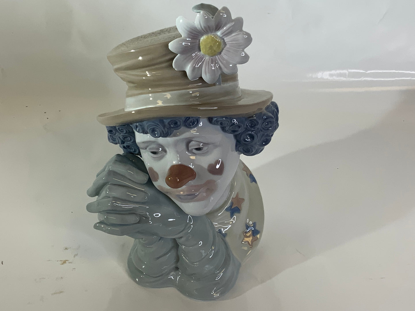 Lladro #5542 MELANCHOLY Clown Head Bust Figurine/DAISY HAT BLUE PINK WHITE BROWN