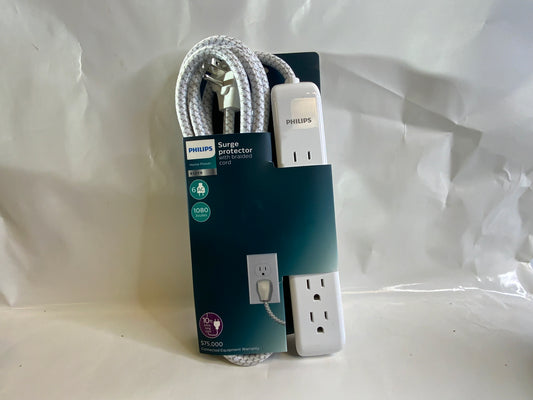 New Philips 6 Outlet Surge Protector 4ft White Extension Cord