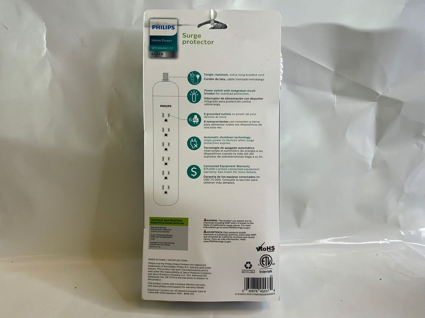 New Philips 6 Outlet Surge Protector 4ft White Extension Cord