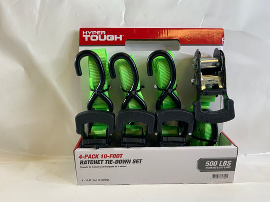 New Hyper Tough 4 Pack, 10 feet Steel Ratchet Tie Downs, 500 lbs, Green, 66.7 oz