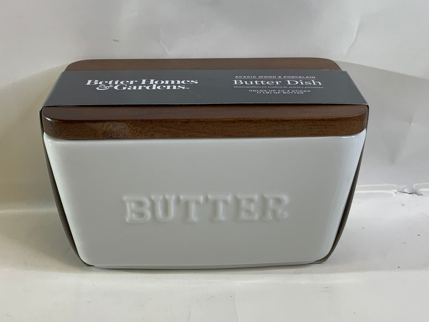 New Better Homes & Gardens- White and Acacia Wood Porcelain Embossed Butter Dish, standard