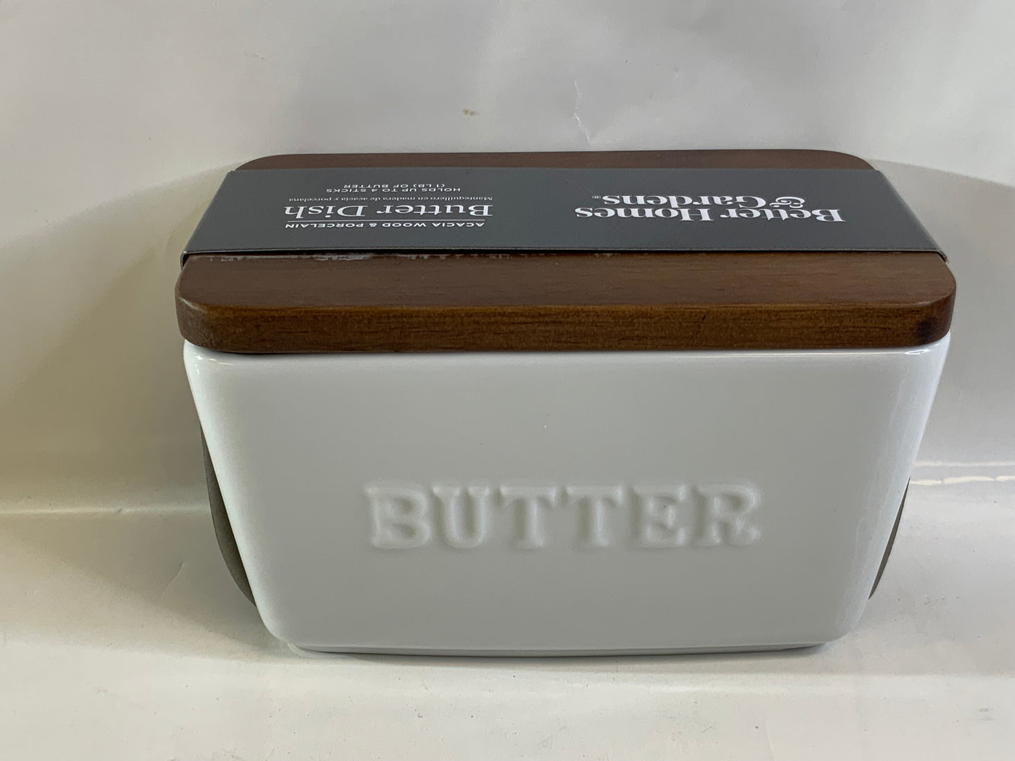 New Better Homes & Gardens- White and Acacia Wood Porcelain Embossed Butter Dish, standard