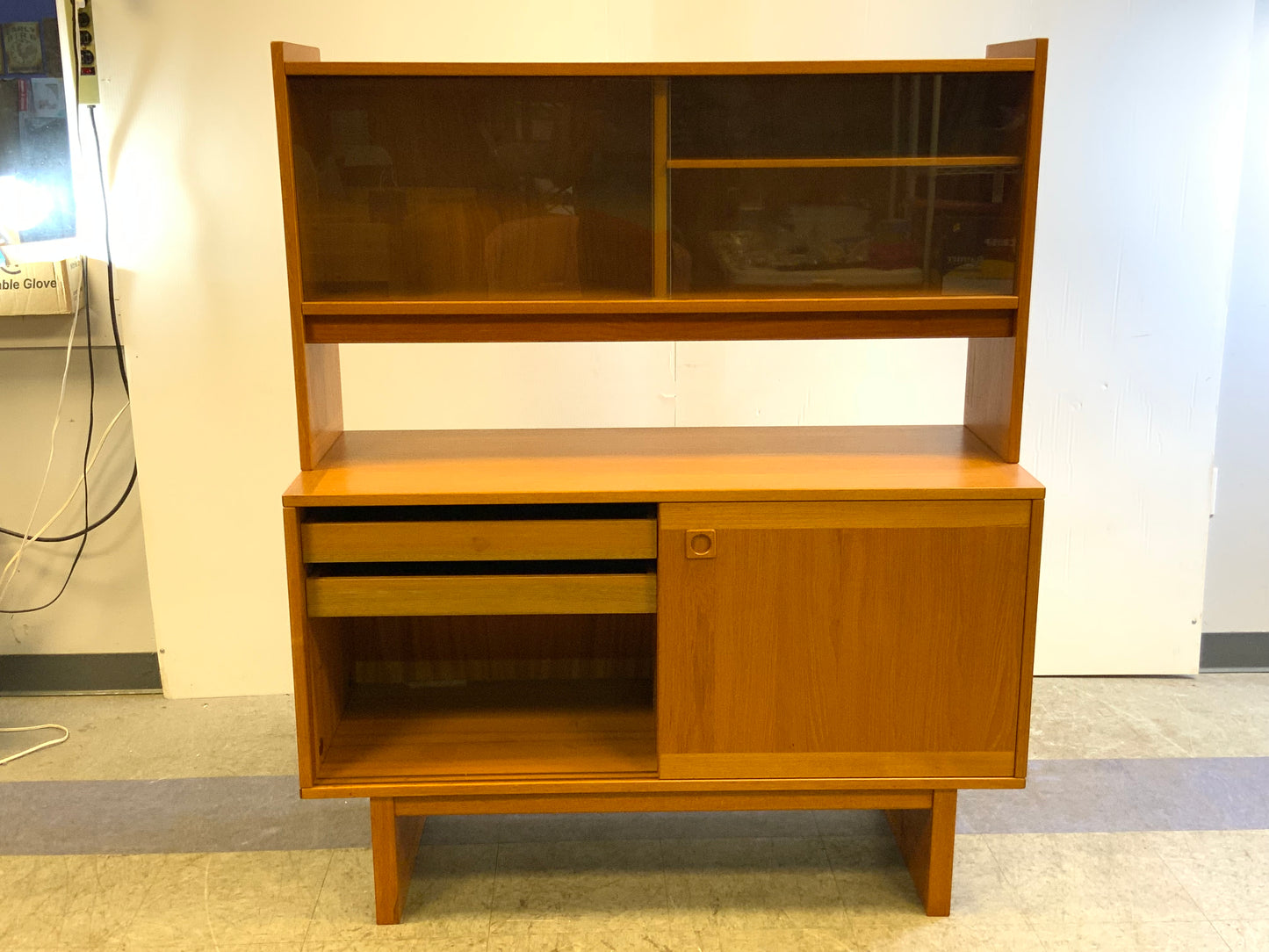 Used 2 pcs Mid Century Mod Danish Teak Wood China Cabinet Hutch