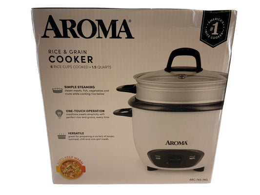 New Aroma 6-Cup (Cooked) / 1.5Qt. Rice & Grain Cooker, White, New, ARC-743-1NG