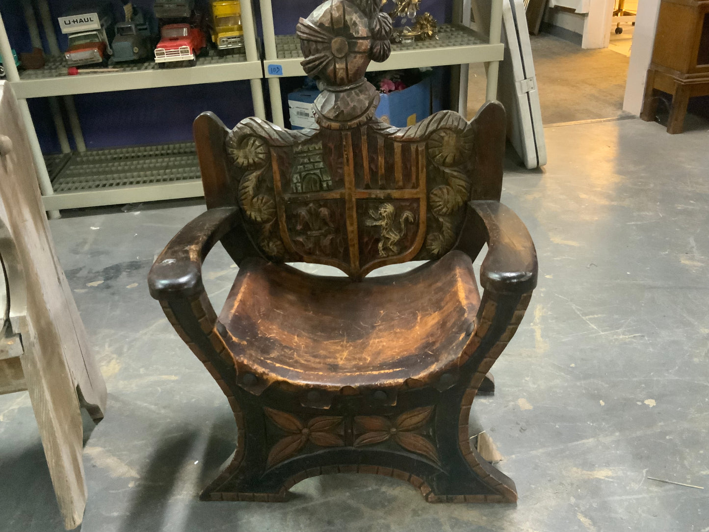 Vintage Medieval Style Wood Carved Leather Seat