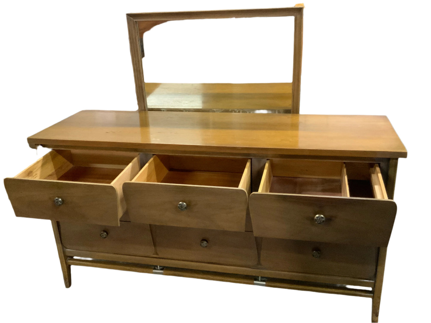 United Furniture MCM Mid Century Modern Nine Drawer Triple Dresser with Mirror