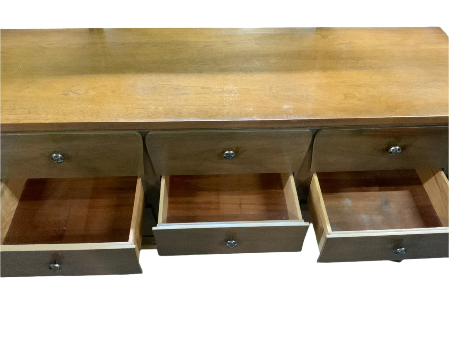 United Furniture MCM Mid Century Modern Nine Drawer Triple Dresser with Mirror