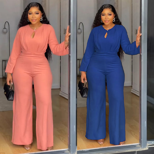 NEW Elegant Stretch Slim Hollow-out Cinched Wide Leg Jumpsuit