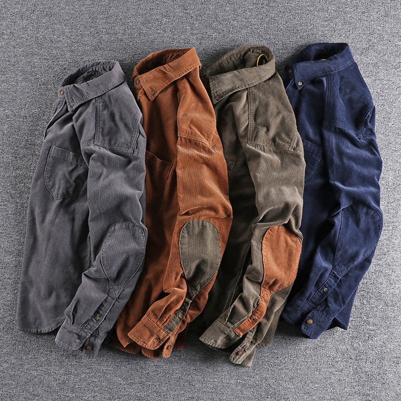 NEW Retro Trendy Sleeve Color Matching Men's Corduroy Long Sleeve Shirt