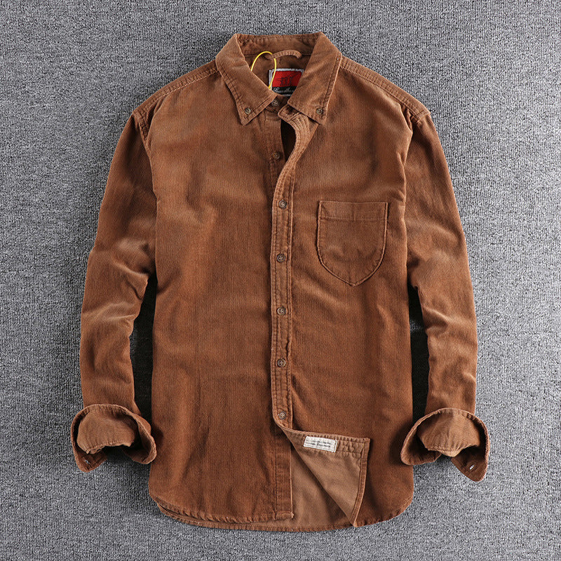 NEW Retro Trendy Sleeve Color Matching Men's Corduroy Long Sleeve Shirt