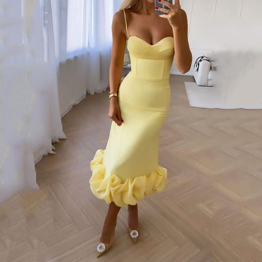 NEW  Retro Hepburn Style British Court Tight Waist Yellow Fishtail Skirt