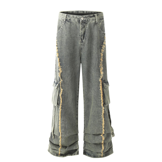 NEW Retro Design Worn Looking Washed-out Burr Cargo Jeans Men