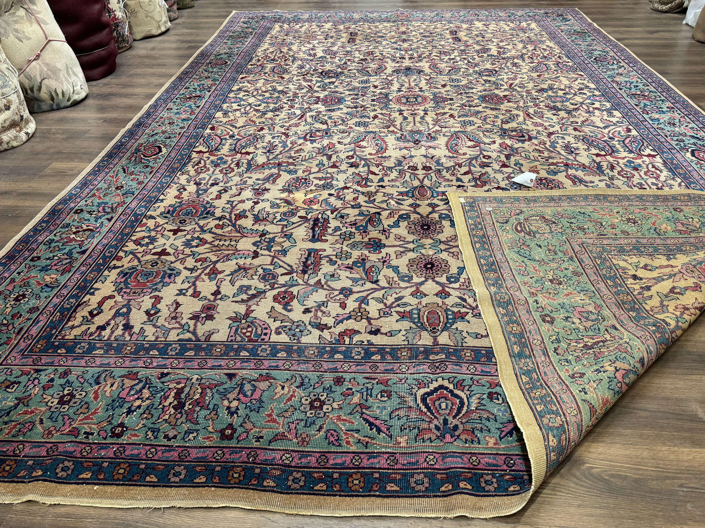 USED Antique Persian Rug 10x15, Camel and Cyan, Allover Pattern, Rare, Samarkand Rug