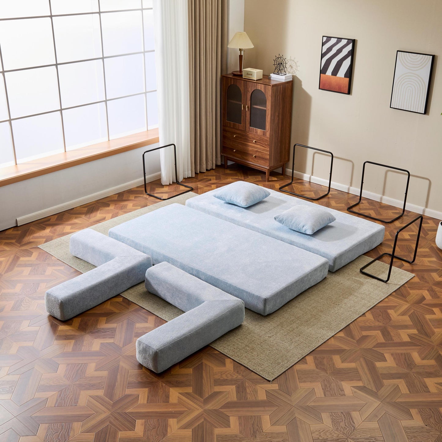 NEW Light Blue Chenille Fabric Floor Couch Compression Convertible Sofa Bed with Pillow Back Support Armrest Comfy Futon Couch Lounge Sleeper Bed