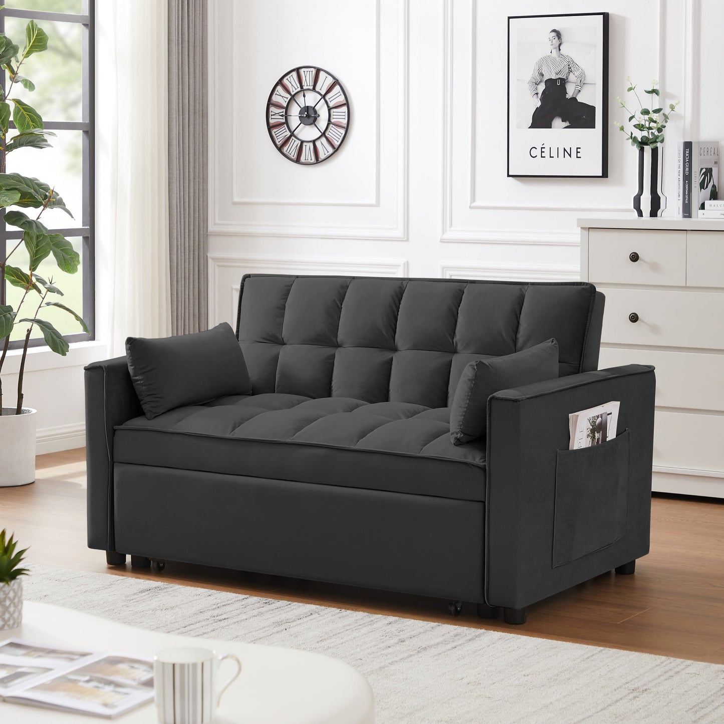 NEW Modern Velvet Convertible Loveseat Futon Sofa with Pullout Bed, Reclining Backrest, Black