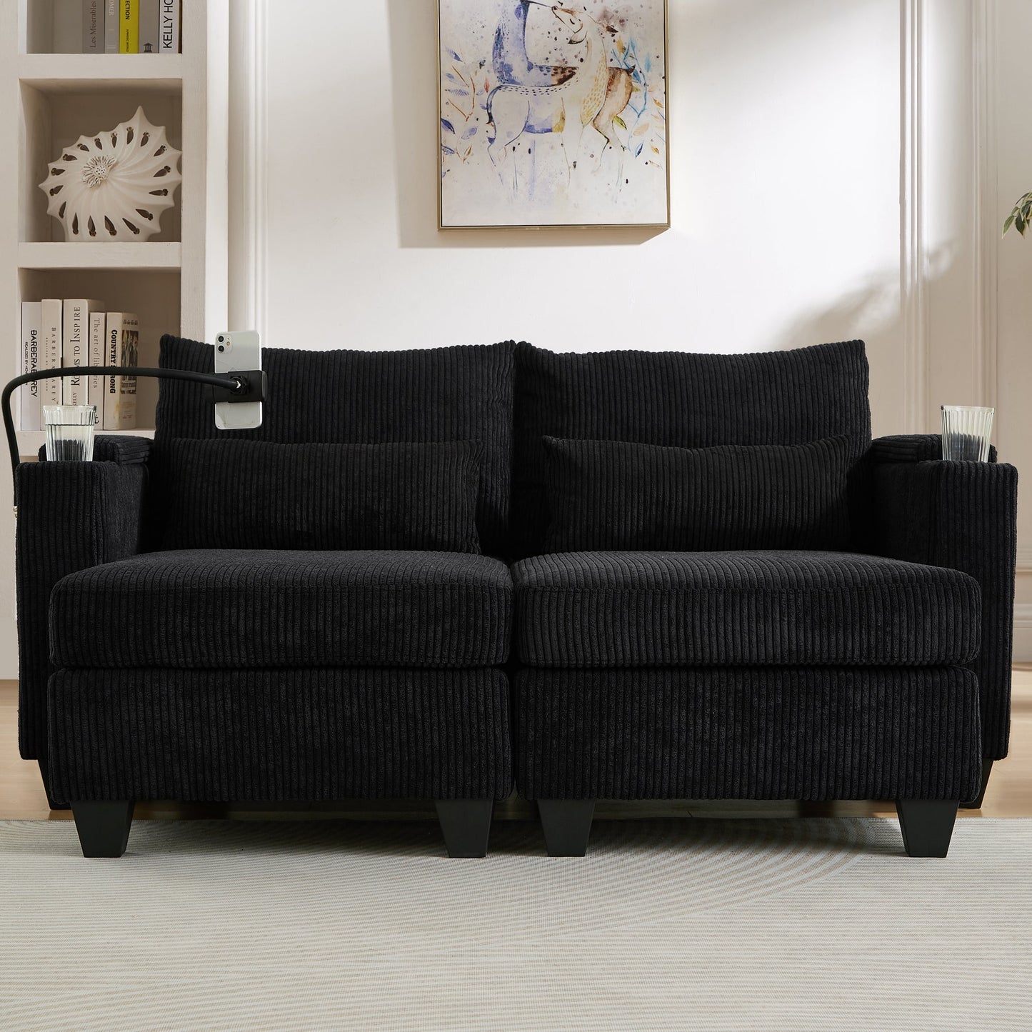 NEW Convertible Chaise Lounge 63' Loveseat Sofa Bed with USB Ports, Cup Holders, Phone Holder & Storage, Black Corduroy