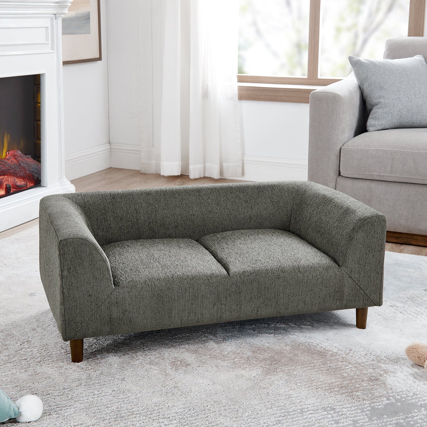 NEW Modern Rectangular Pet Sofa with Backrest and Armrests, Soft Cushion, Dark Grey Linen, Rubber Wood Frame