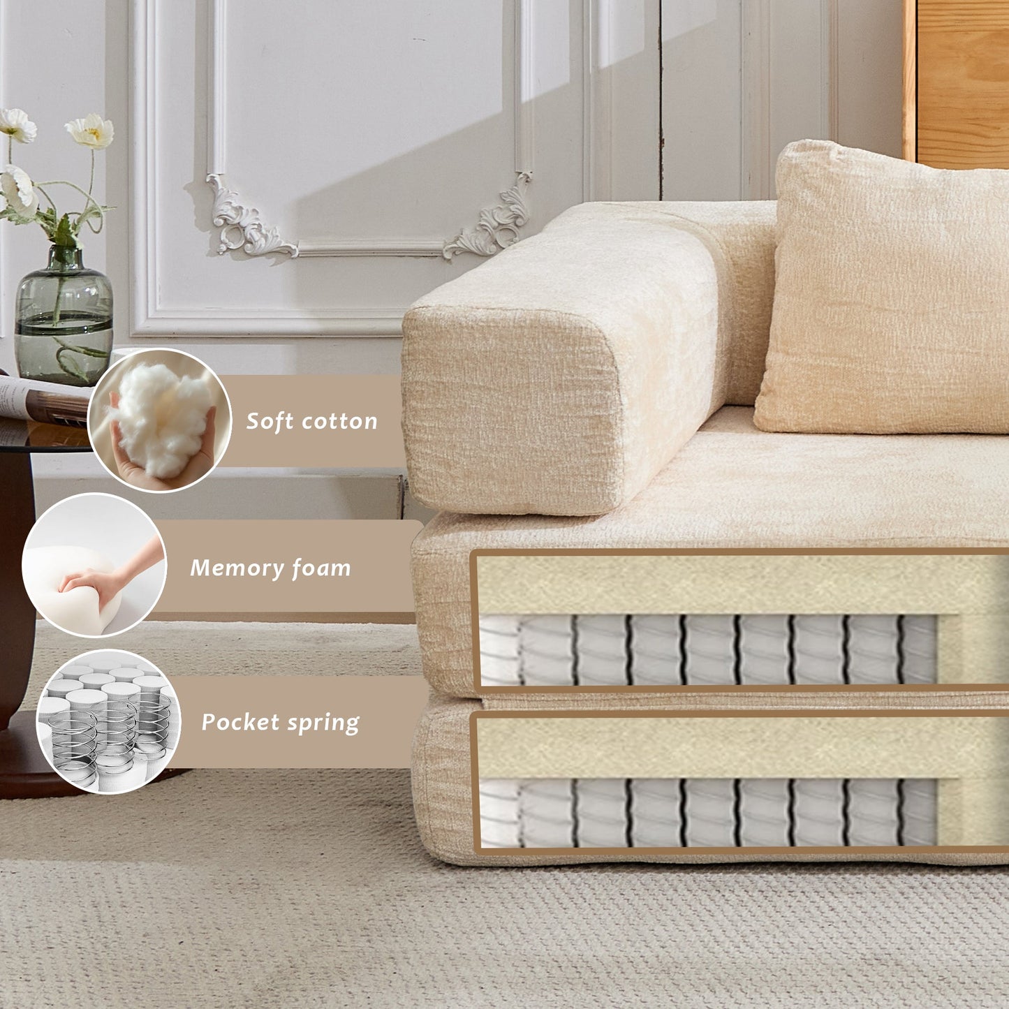 NEW Compression Convertible Floor Fixed-Shape Frame Loveseats Boneless Modular Sectional Sofa Bed in Beige Chenille Fabric