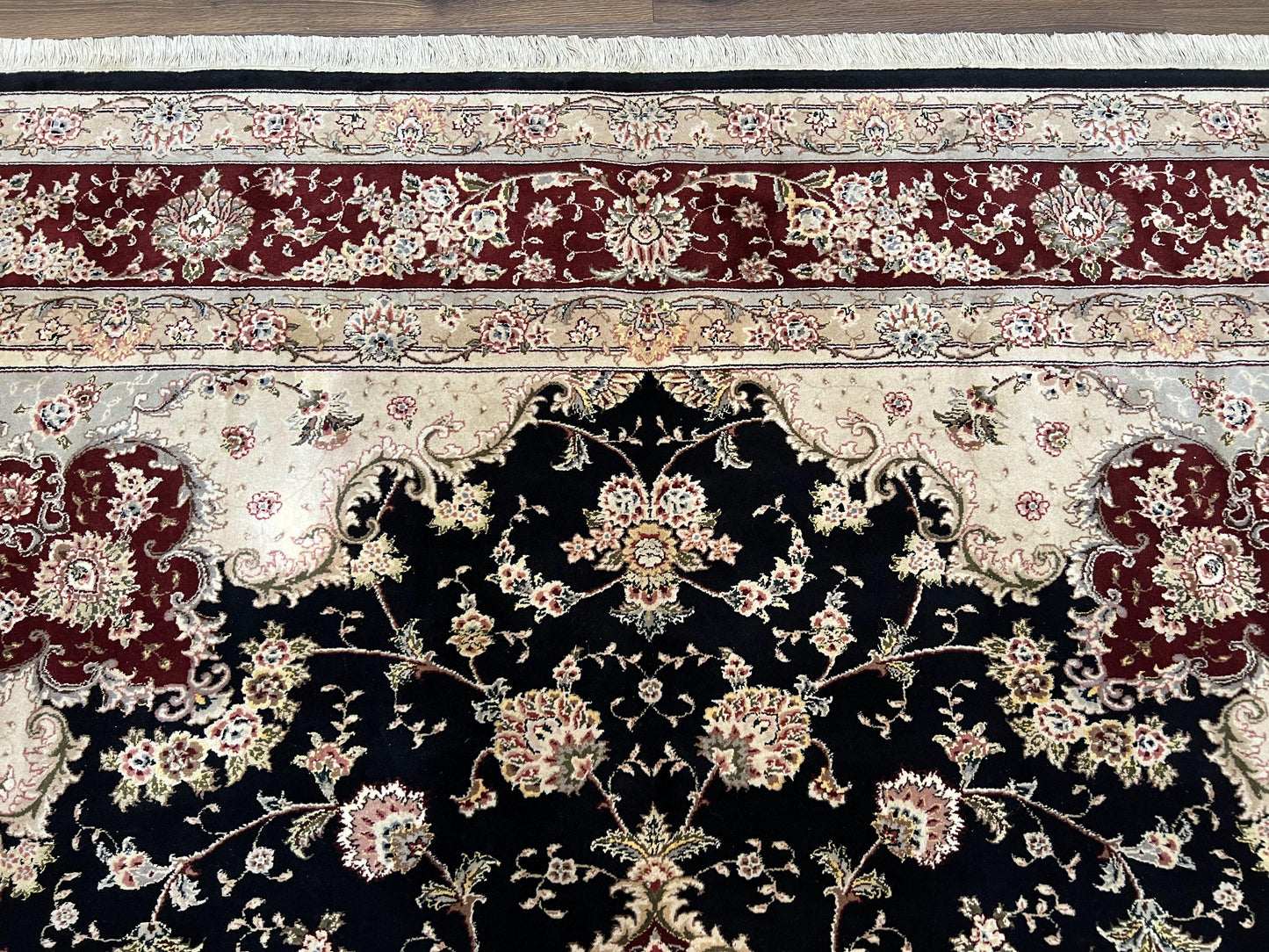 USED Pak Persian Rug 8.8 x 10.6, Floral Medallion, Wool and Silk Hand Knotted Fine Oriental Carpet, Elegant Rug, Black Gray Burgundy, Room Sized