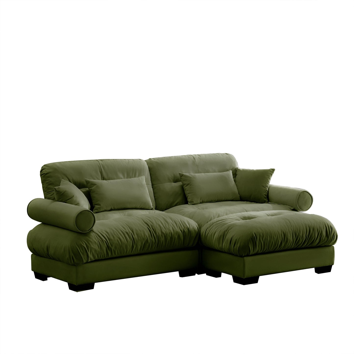 NEW Modern Oversized Velvet Two-Seater Sofa with Ottoman and Round Bolster Armrests in Olive Green