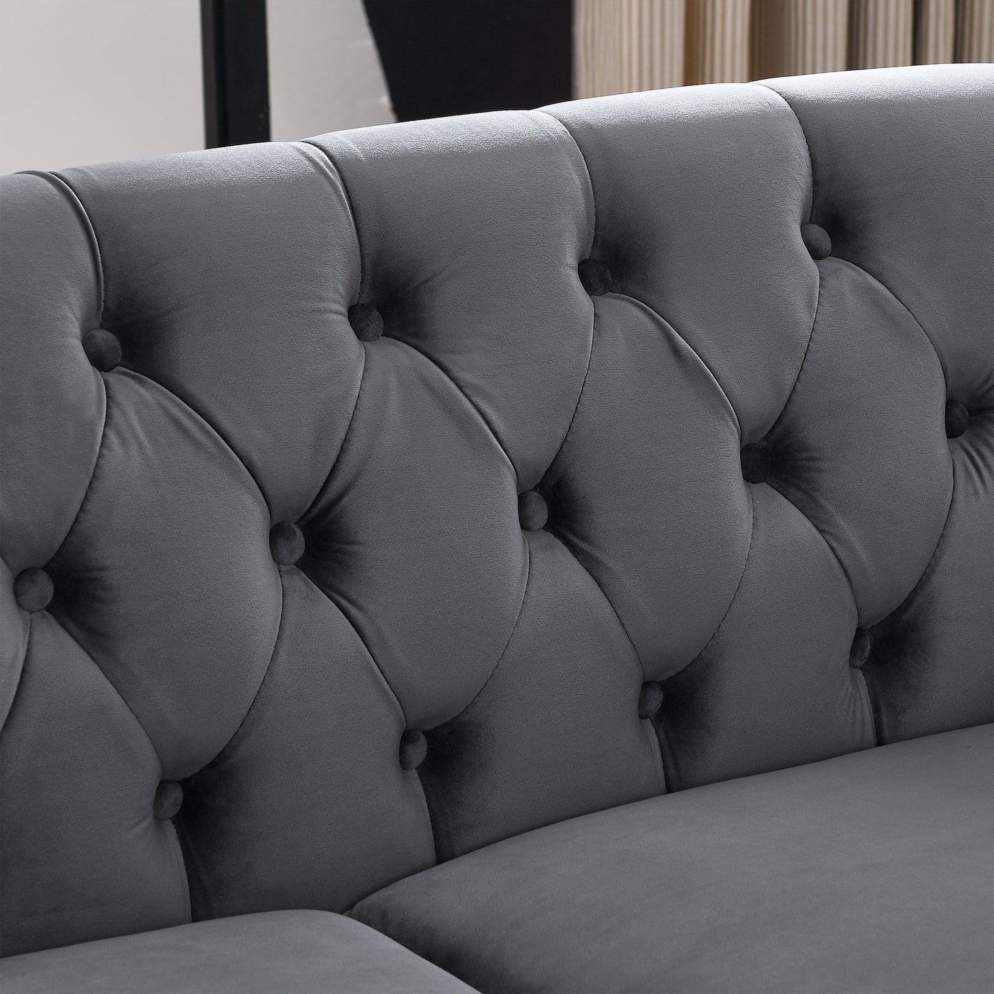 NEW 58.8' Chesterfield Sofa Grey Velvet for Living Room, 2 Seater Sofa Tufted Couch with Rolled Arms and Nailhead for Living Room, Bedroom, Office, Apartment, two pillowsW834S00069