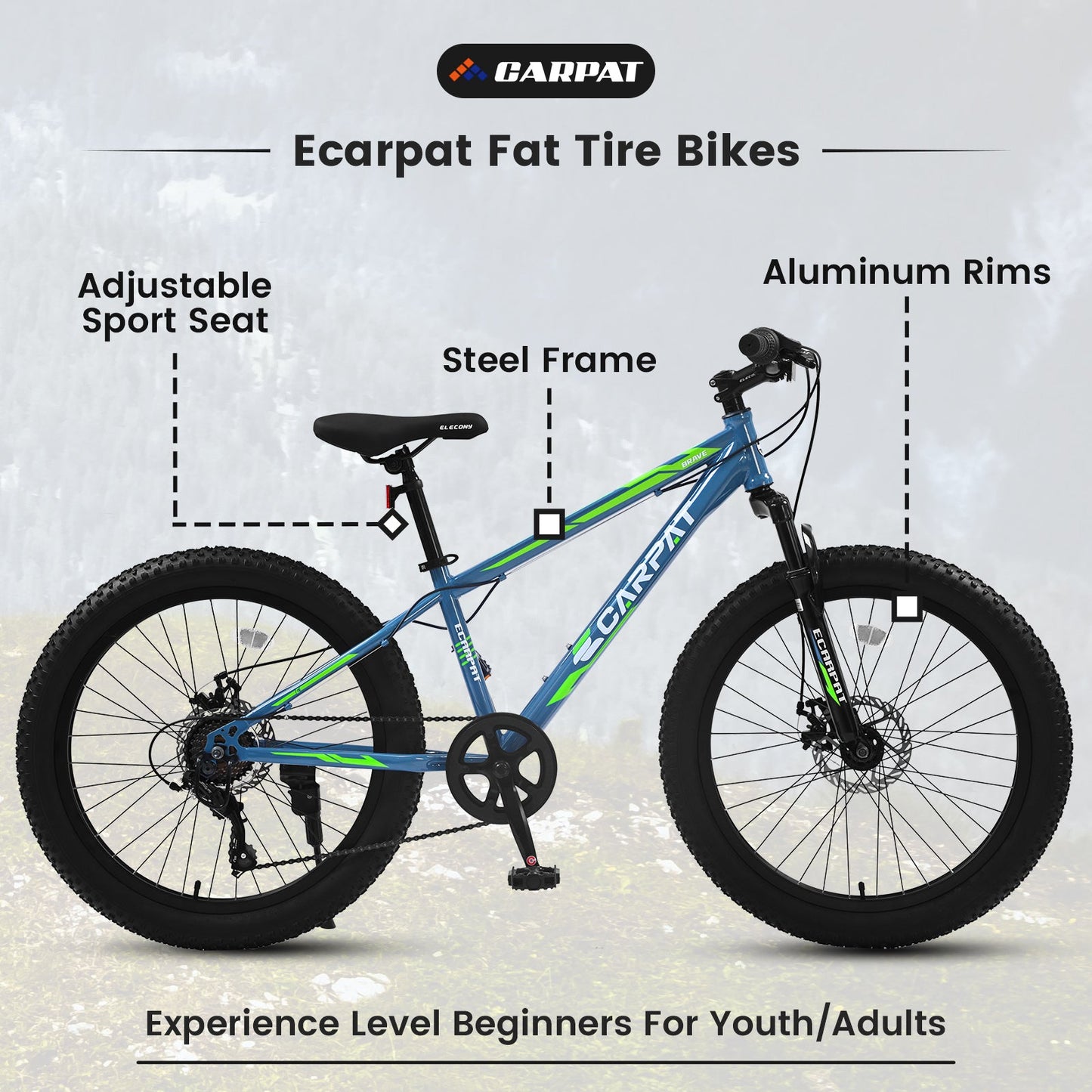 NEW S24109 Elecony 24 Inch Fat Tire Bike Adult/Youth Full Shimano 7 Speeds Mountain Bike, Dual Disc Brake, High-Carbon Steel Frame, Front Suspension, Mountain Trail Bike, Urban Commuter City Bicycle