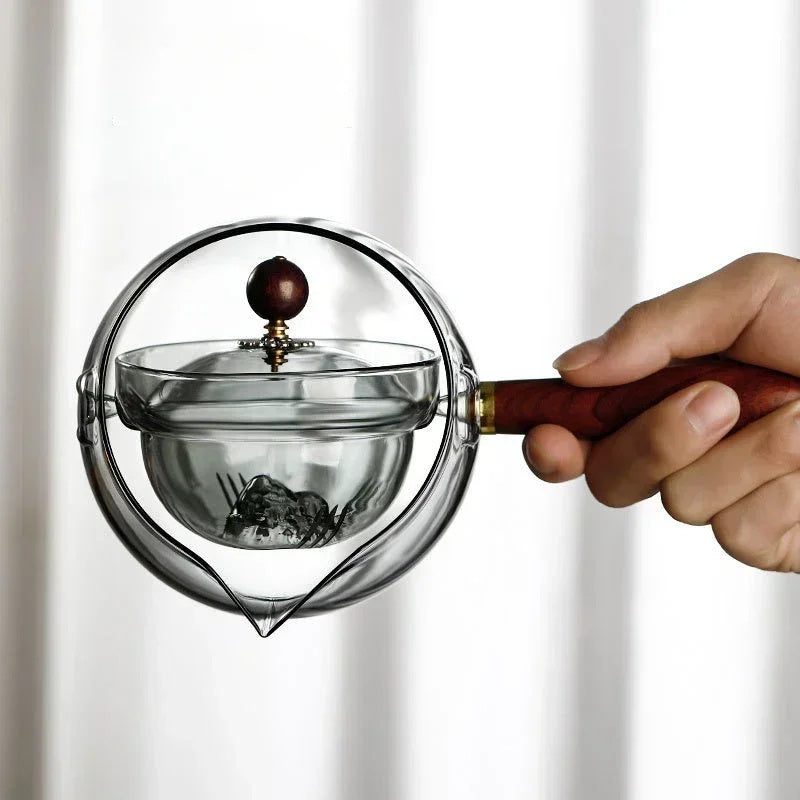 NEW Semi-automatic Rotary Heat-resistant Glass Teapot Lazy Tea Making With Infuser And Wooden Handle Office Home Accessories Kitchen Gadgets