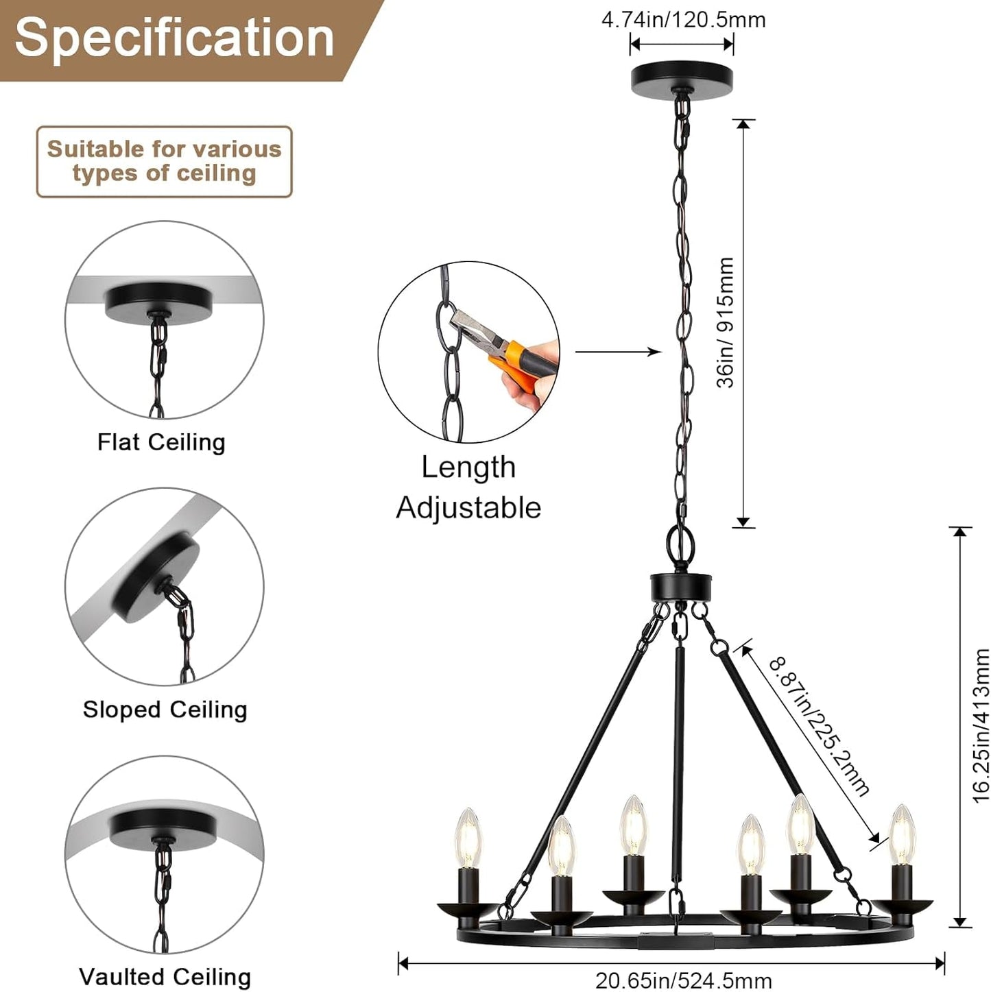 NEW Black Farmhouse Wagon Wheel Chandelier Six Light Fixture