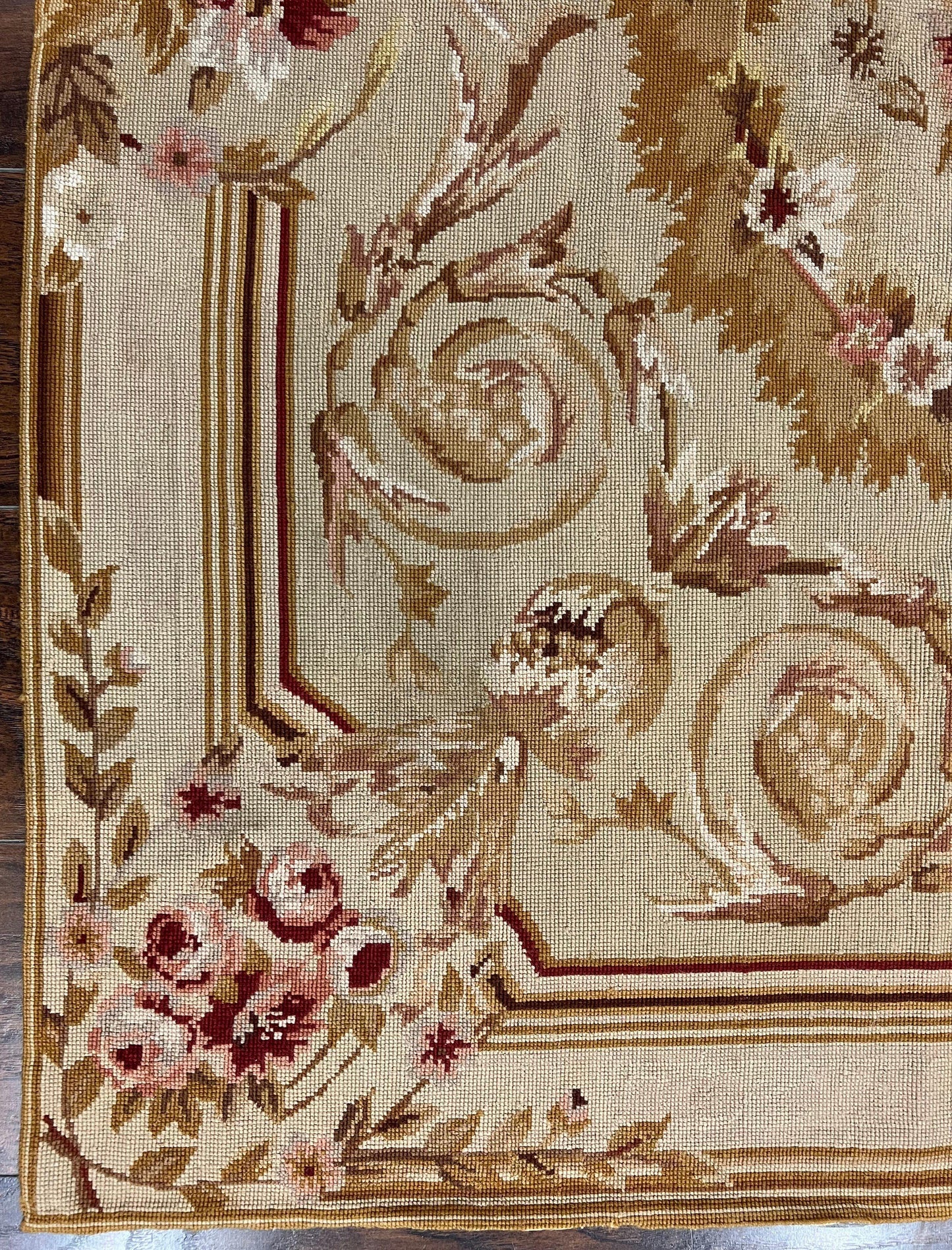 USED Aubusson Needlepoint Rug 4x5 ft, Beige and Tan, Aubusson Savonnerie Vintage Carpet, Handwoven Handmade Wool Rug, European Design Floral Rose