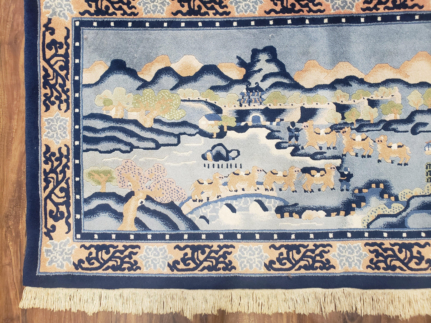 USED Vintage Chinese Pictorial Rug 2'4" x 4' 7", Chinese Village, Wool Hand-Knotted Blue & Teal Fine Carpet, Tapestry Rug, Woven Wall Art