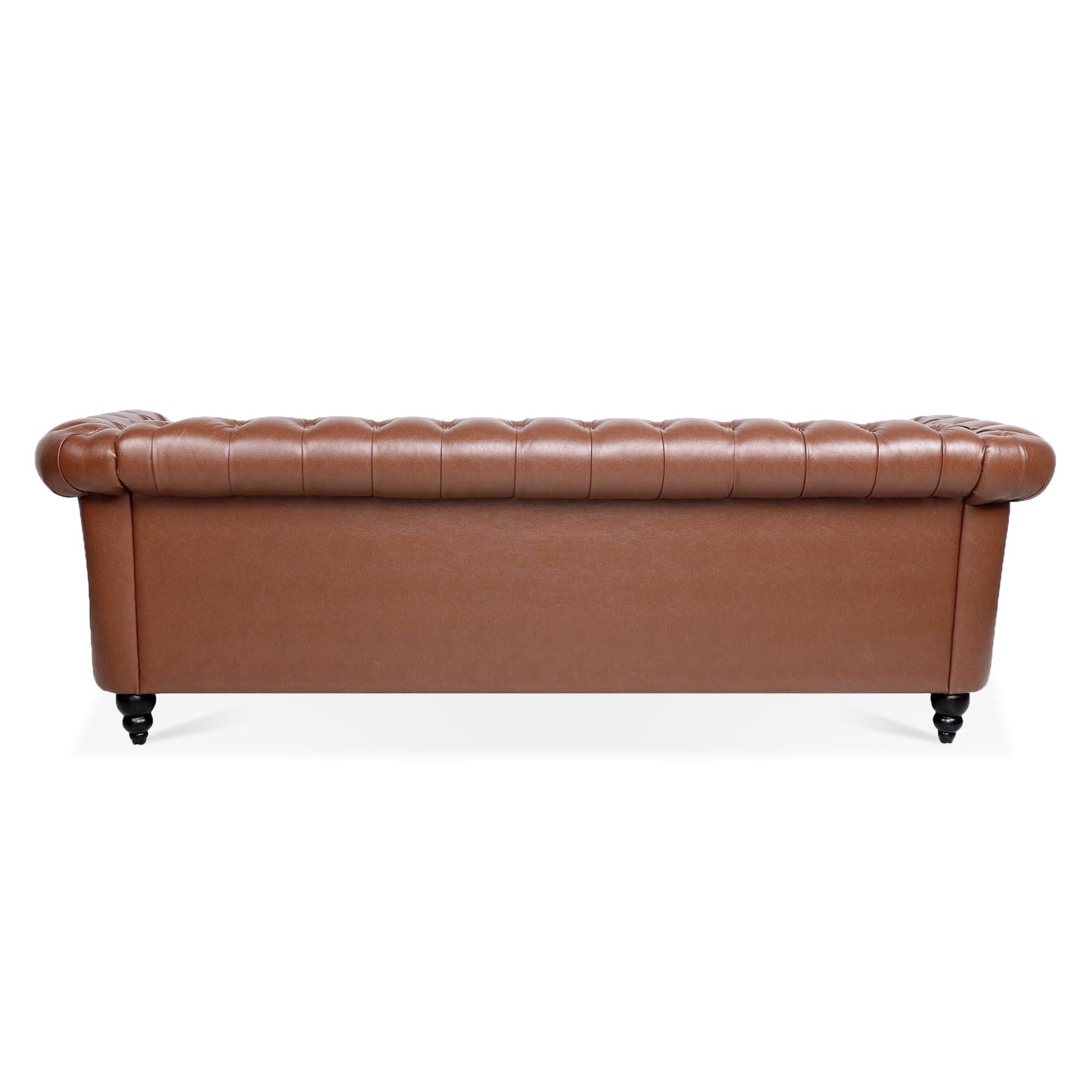 NEW Classic Chesterfield Three Seater Sofa Brown PU Leather with Rolled Arms and Birch Legs 84.65 Inches