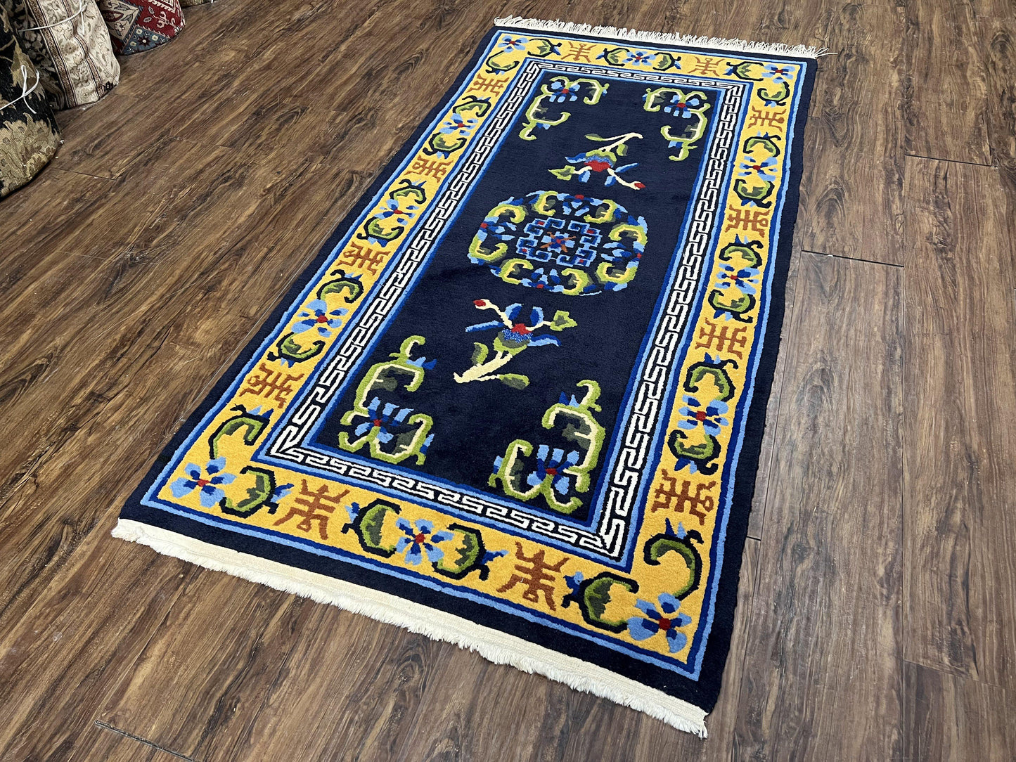 USED Chinese Art Deco Rug 3 x 5.9, Handmade Chinese Peking Carpet, Dark Blue and Gold, Medallion, Asian Oriental 3x6 Hand Knotted Vintage Rug
