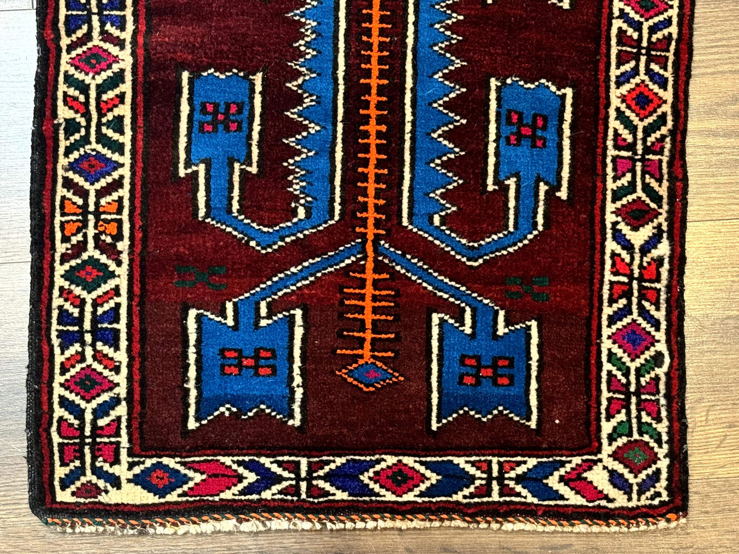 USED Persian Tribal Rug 1.8 x 2, Small Balouchi Rug, Unique Design, Burgundy and Blue