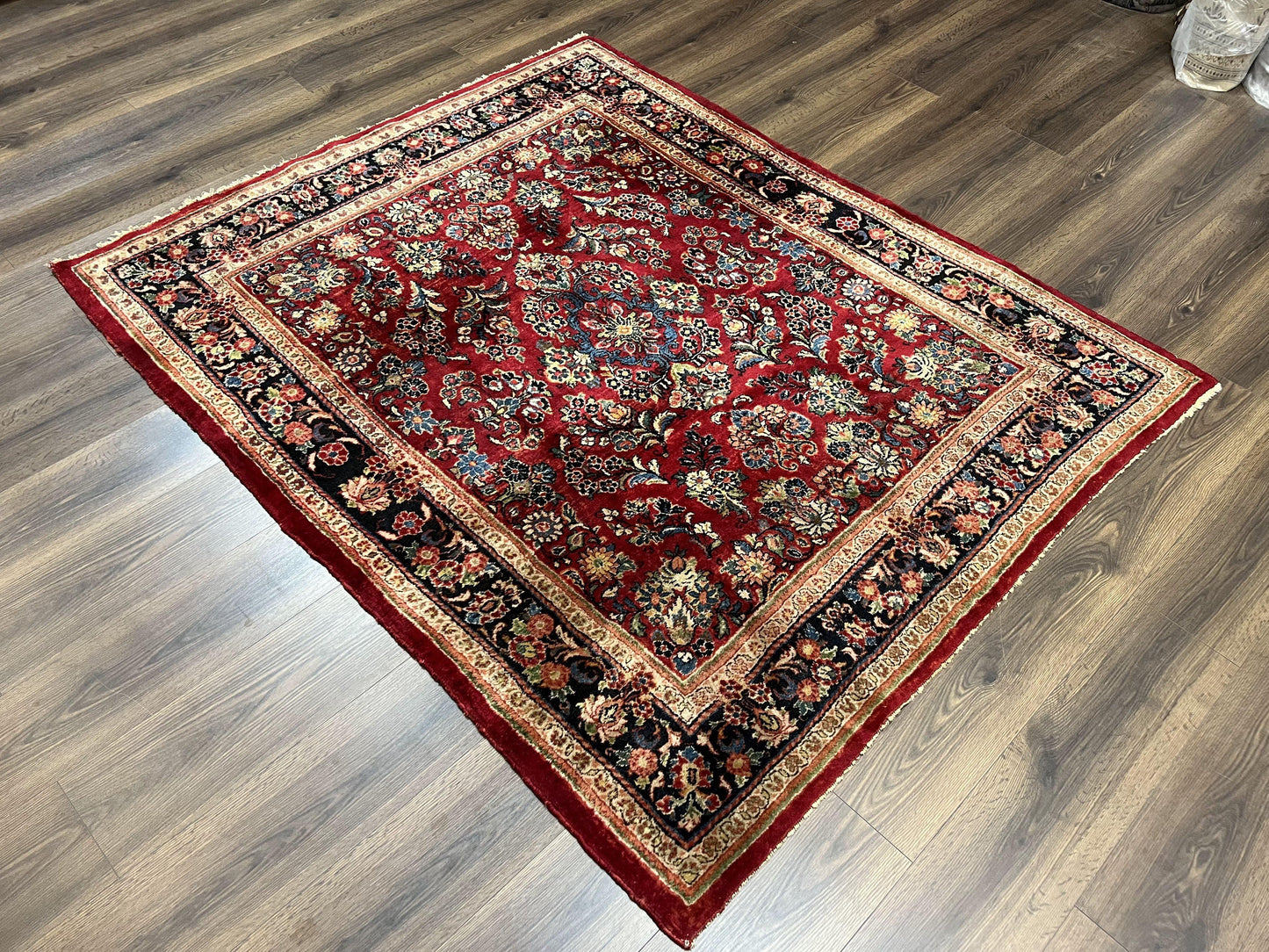 USED Rare Persian Almost Square Rug 6.3 x 5.3, Hand Knotted Wool Antique 1920s Sarouk Oriental Carpet, Red Navy Blue Beige, Floral Allover, 5x6 Area Rug