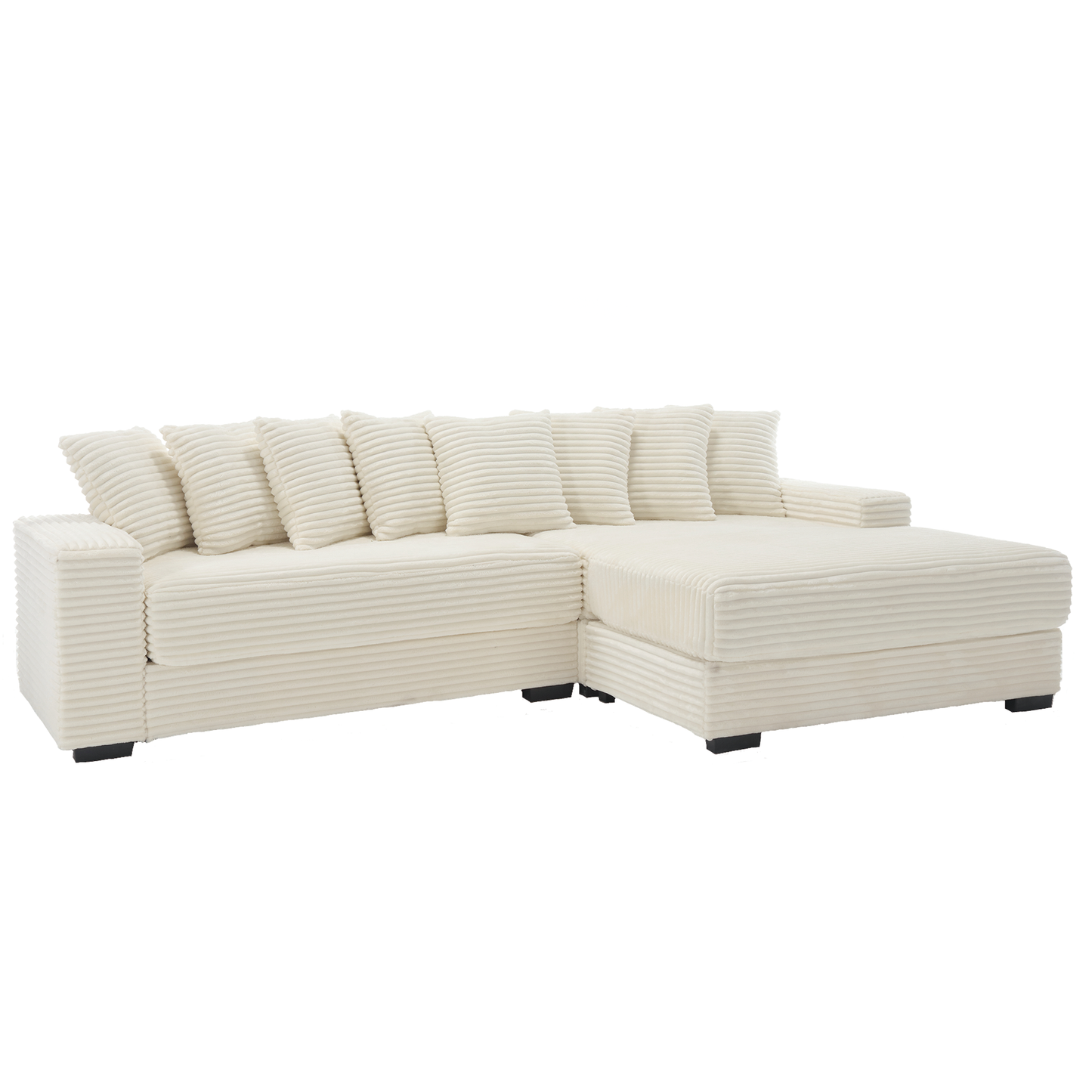 NEW Beige Corduroy Oversized Two-Piece L Shaped Sofa Couch (Right Chaise Daybed Corner with Armrests and Eight Throw Pillows
