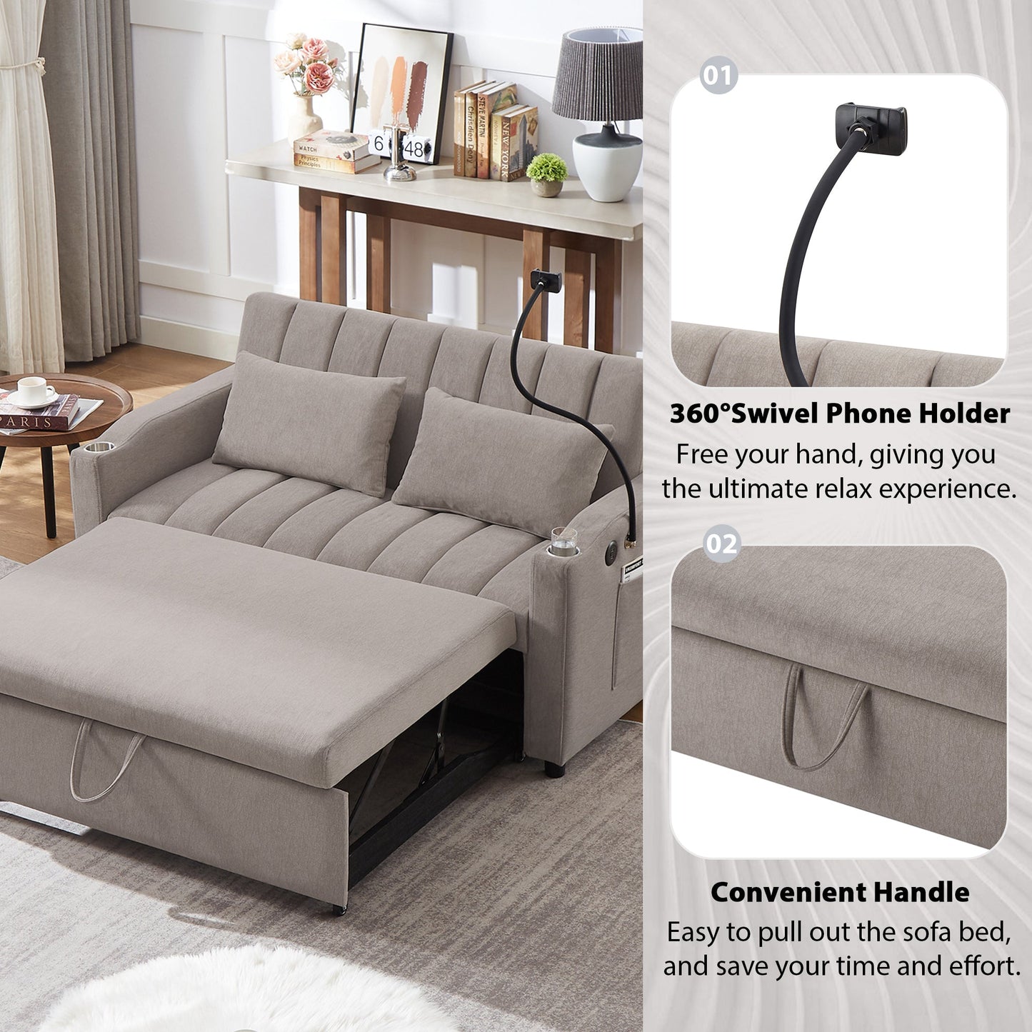 NEW Convertible Sofa Bed Loveseat with USB Ports, Side Pockets, Cup Holders & Swivel Phone Holder, Light Grey Bella Fabric