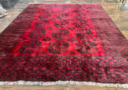 USED Afghan Turkoman Rug 9x10, Red Beshir Carpet, Tribal, Wool, Antique
