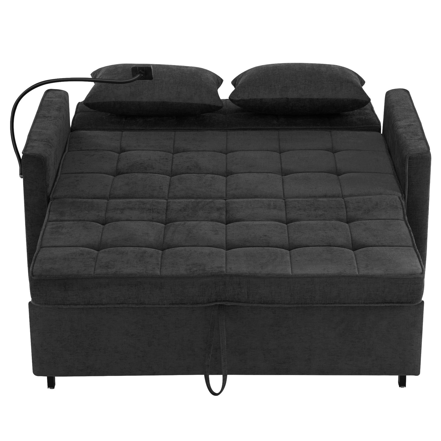 NEW Contemporary 56.9' Loveseat Sofa Bed Sleeper with Reversible Backrest, Side Pockets, USB Ports, Phone Holder, Black Chenille