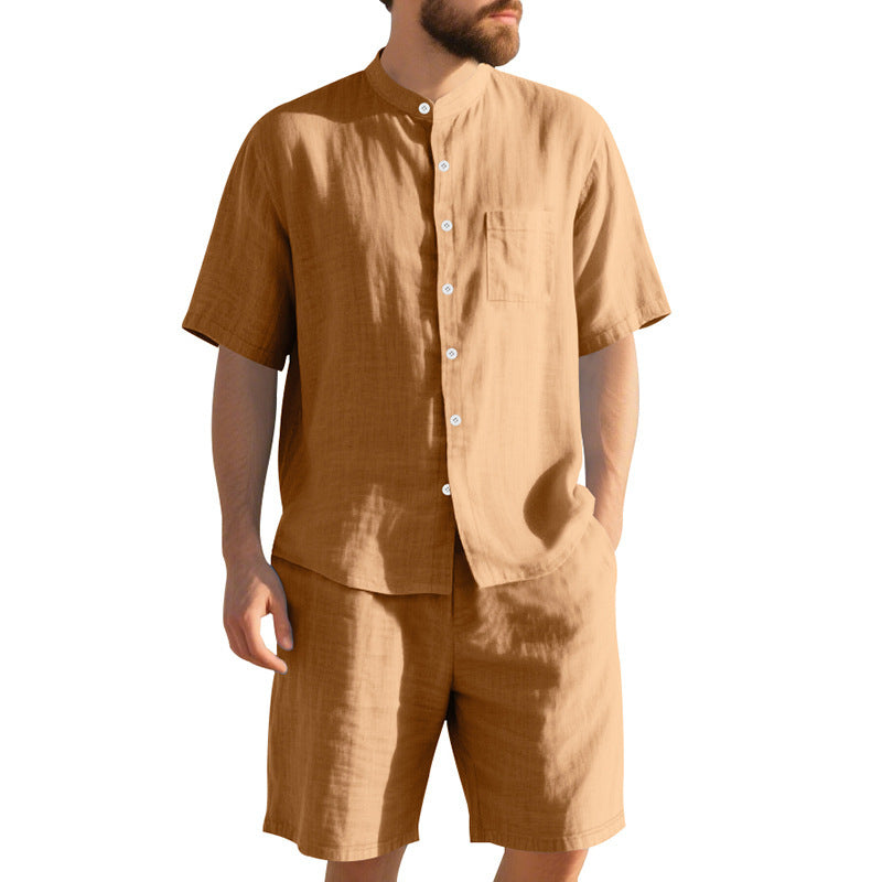 New American Linen Suit Men's Summer Two-piece Suit Henry Collar Beach