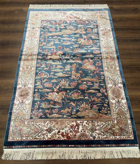 NEW Turkish Silk Hunting Design Rug 4x6, Dark Steel Blue & Ivory, Bamboo Silk