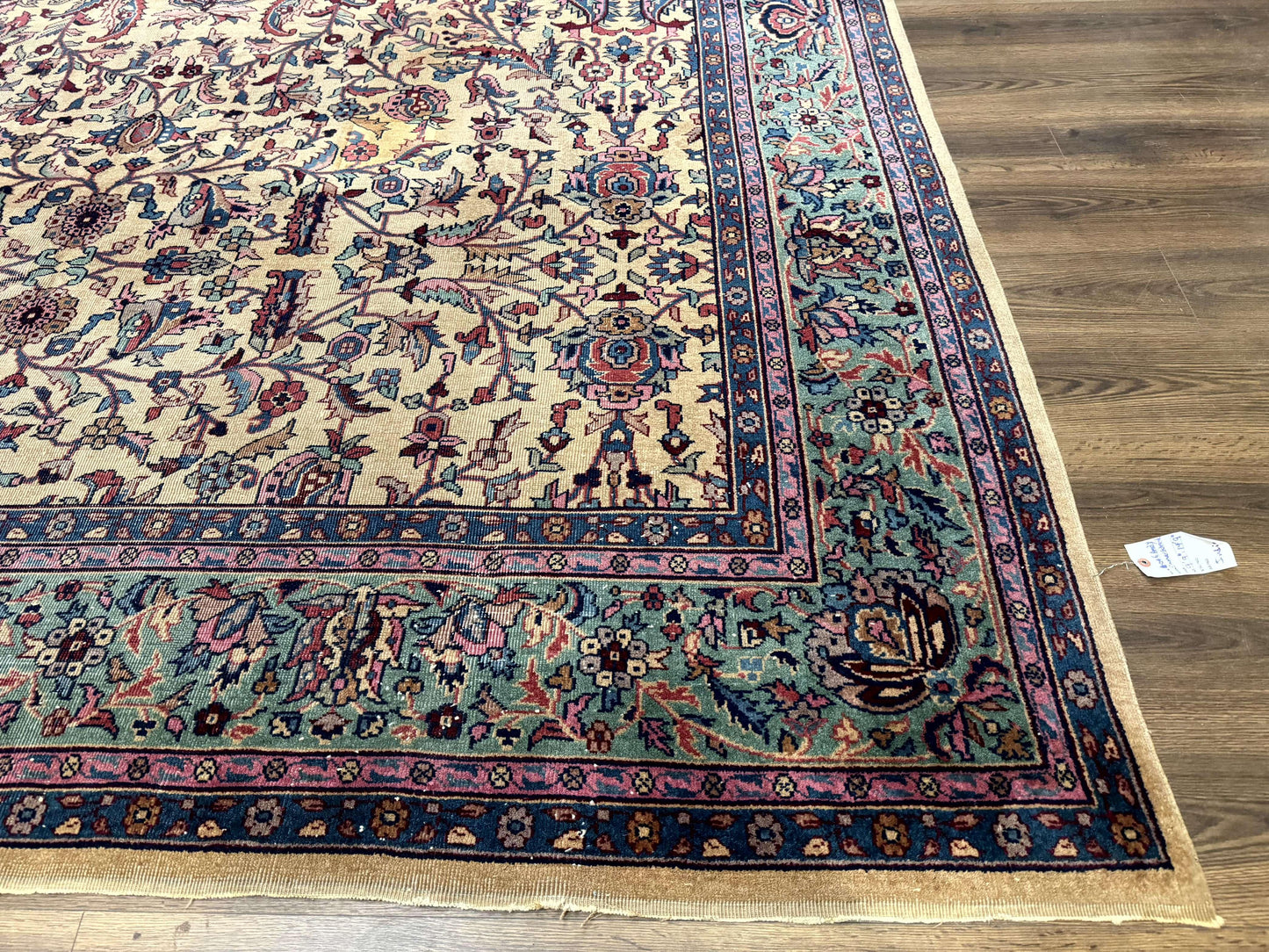 USED Antique Persian Rug 10x15, Camel and Cyan, Allover Pattern, Rare, Samarkand Rug