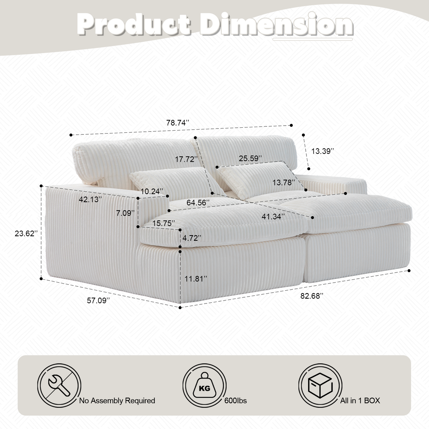 NEW Double Chaise Lounge Chair Indoor,Oversized Upholstered Sleeper Cloud Couch,Deep Seat Luxury Sofa Bed,Sectional Sofa Chaise Love-seat,Corduroy Reading Chair for Living Room,No Assembly Required,White