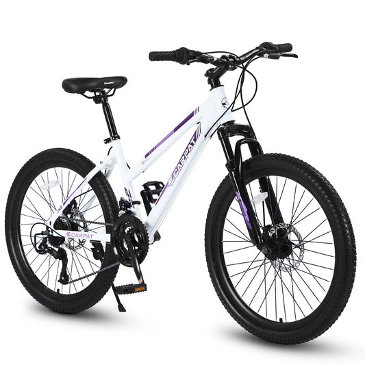 NEW S24103 24 inch Mountain Bike for Teenagers Girls Women, Shimano 21 Speeds with Dual Disc Brakes and 100mm Front Suspension, White/Pink