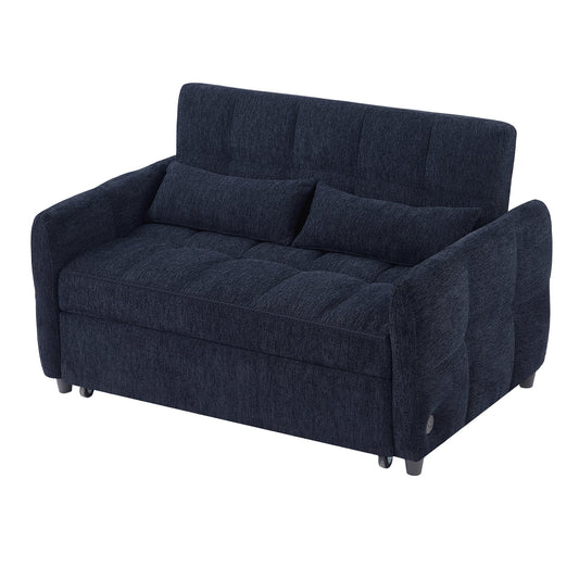 NEW Modern Loveseat Sofa Pull-out Bed with Adjustable Backrest, USB Ports, Lumbar Pillows, Blue Chenille, 52.8'