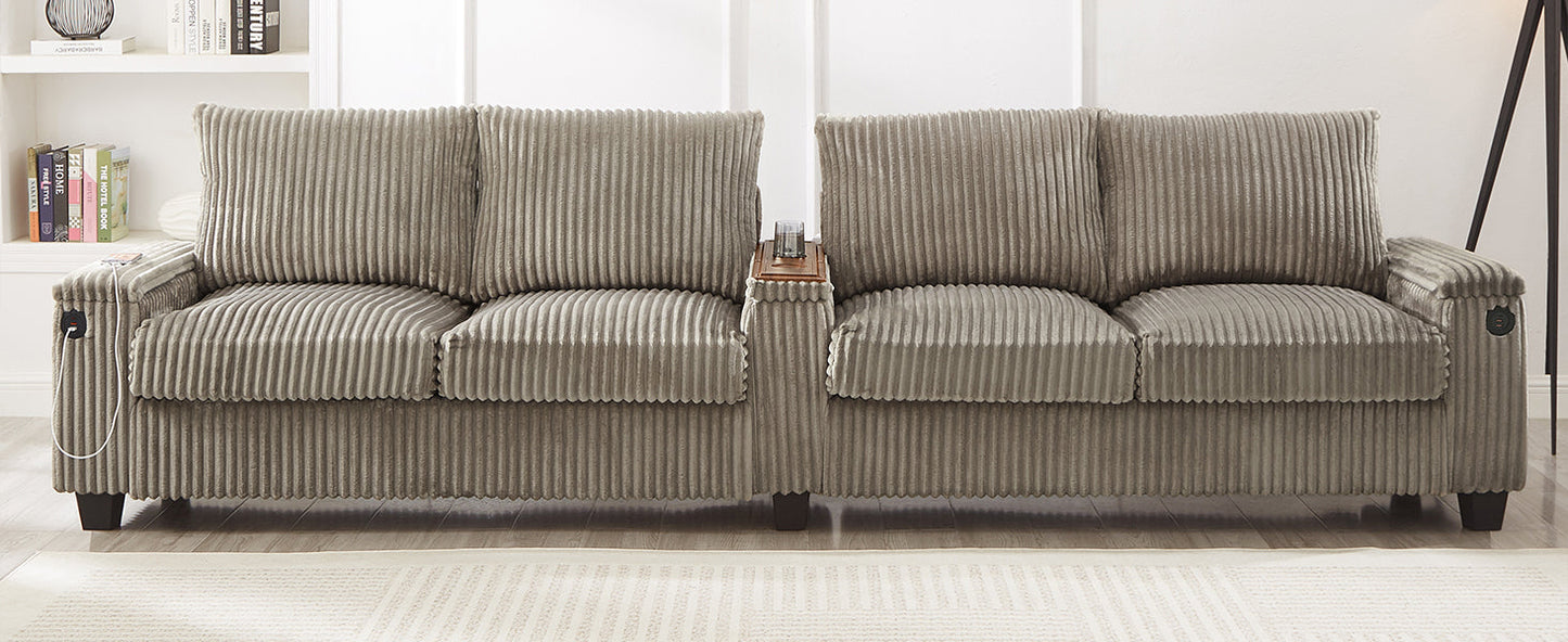 NEW Modern 4-Seater Corduroy Sofa Couch with USB Ports, Hidden Storage Arms, and Flip-Top Cup Holders, Brown, 133 Inches
