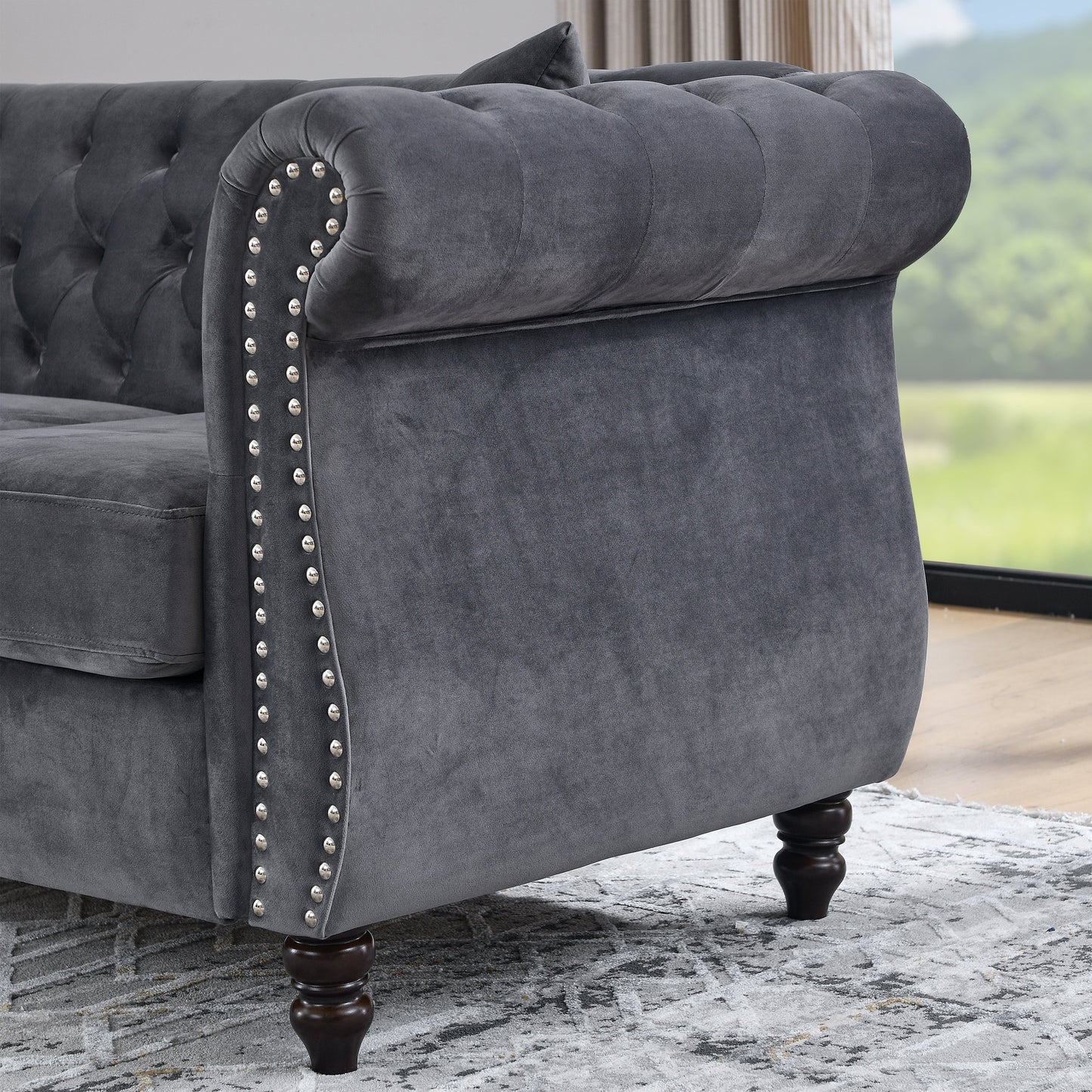 NEW 58.8' Chesterfield Sofa Grey Velvet for Living Room, 2 Seater Sofa Tufted Couch with Rolled Arms and Nailhead for Living Room, Bedroom, Office, Apartment, two pillowsW834S00069