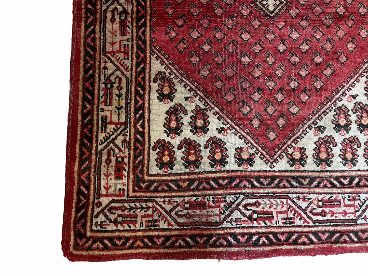 USED 4 X 6.5 Antique Handmade Wool Rug Paisley Boteh Design Tribal Rug Red Ivory